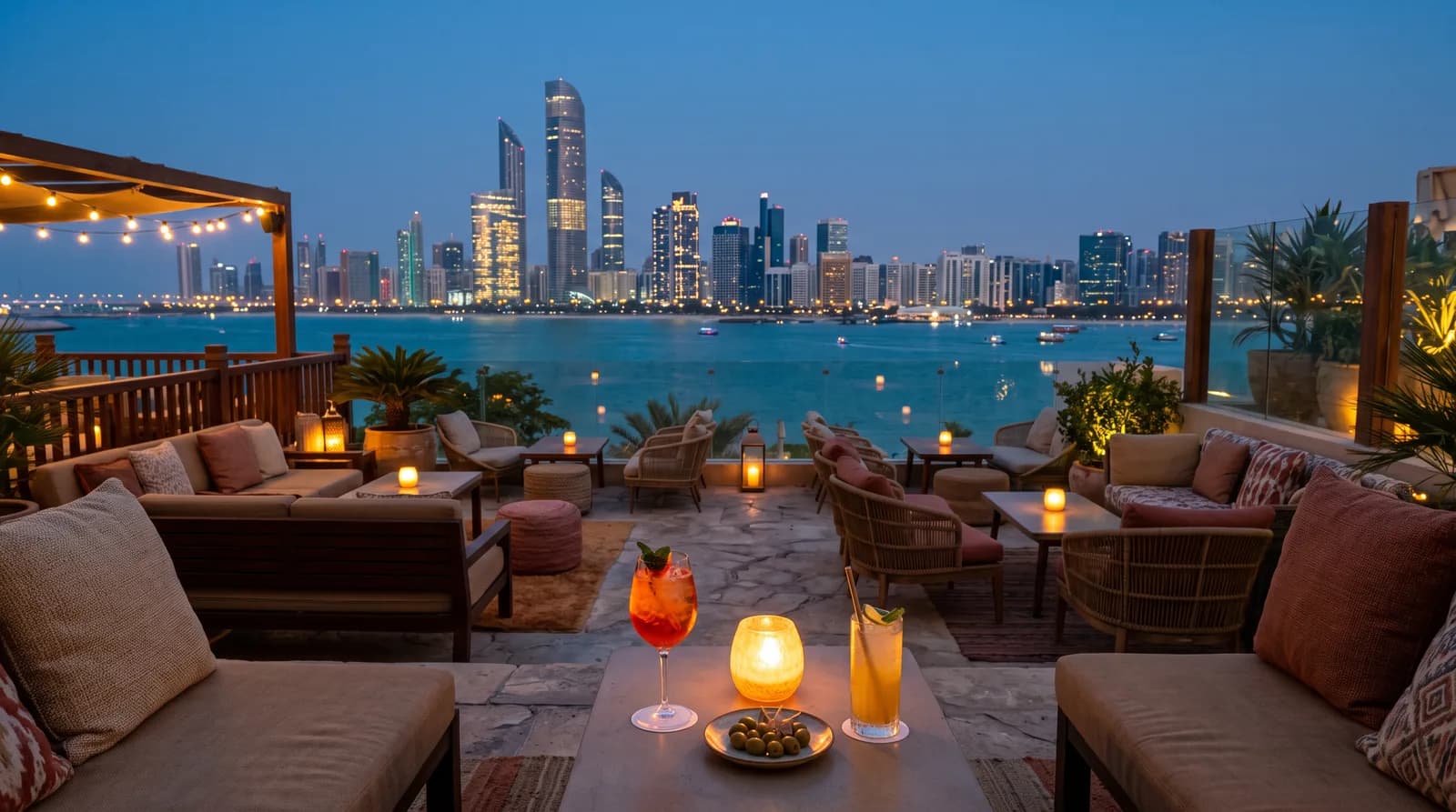 Die Terrasse einer Rooftop-Bar mit Blick auf die Bucht am Abend