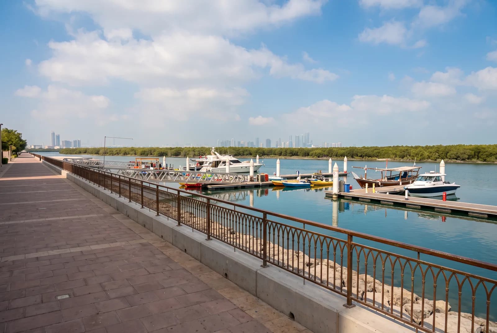 Mangrove trees lining calm water with a marina and promenade behind