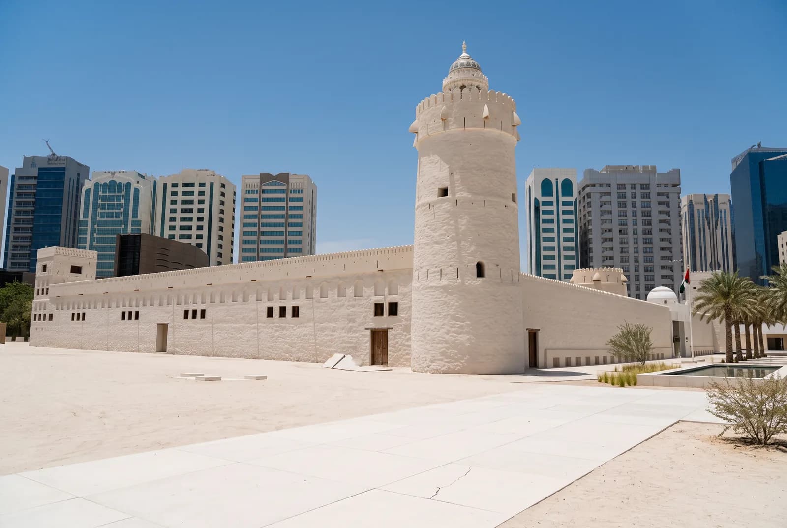 The white walls and round tower of Qasr Al Hosn