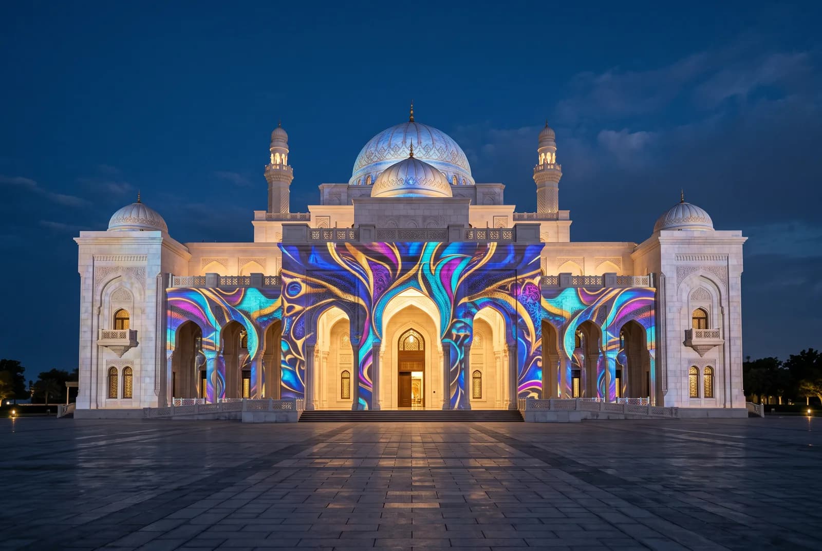 Motifs colorés abstraits projetés sur une façade blanche de palais au crépuscule