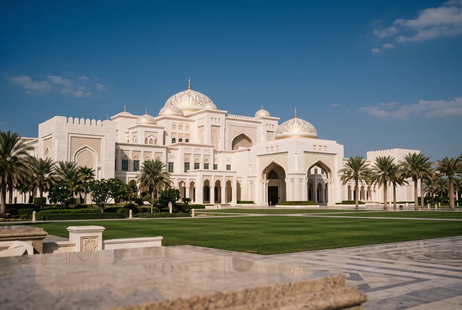 The white facade and domes of Qasr Al Watan