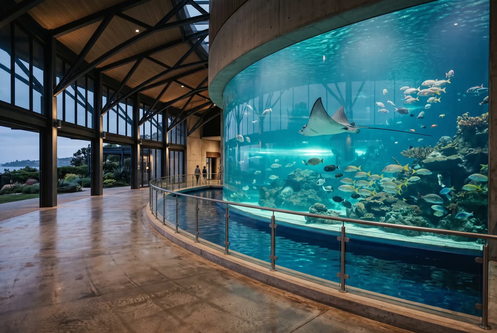 Una pared curva de acuario con una raya y peces de arrecife en un parque cubierto sobre el mundo marino
