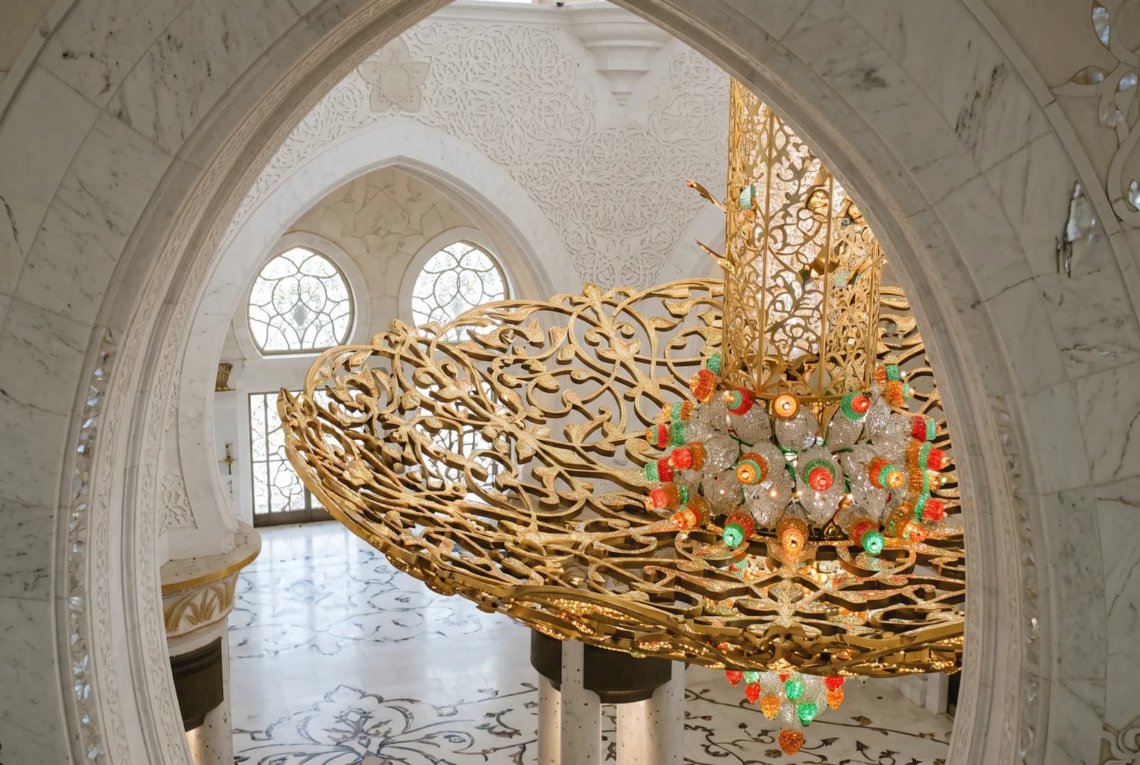 A chandelier in the prayer hall of Sheikh Zayed Grand Mosque
