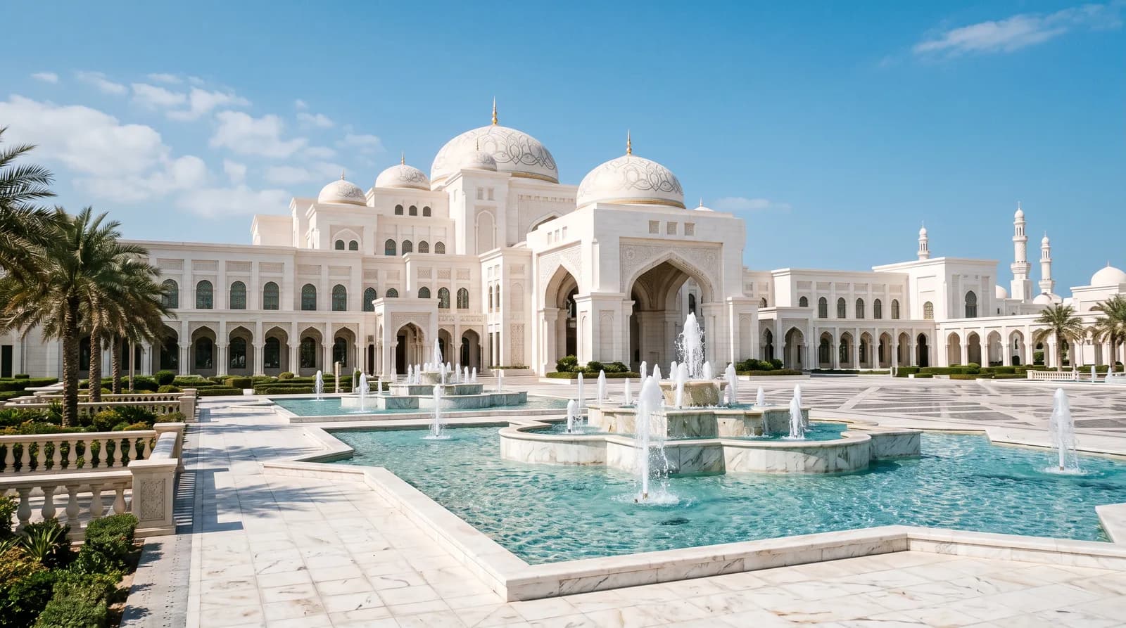 Die weiße Kuppel und die goldenen Details von Qasr Al Watan