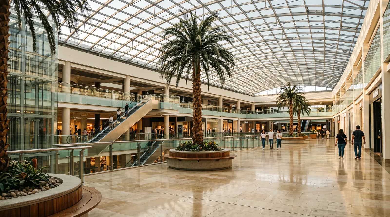 Das helle Atrium eines Einkaufszentrums mit Palmen und einigen Käufern in der Ferne