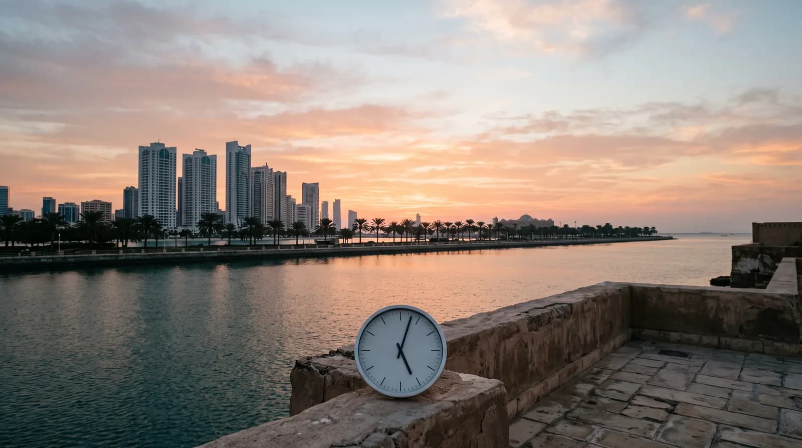 Eine schlichte Wanduhr auf einer Steinbrüstung über der Uferpromenade von Abu Dhabi im Morgengrauen