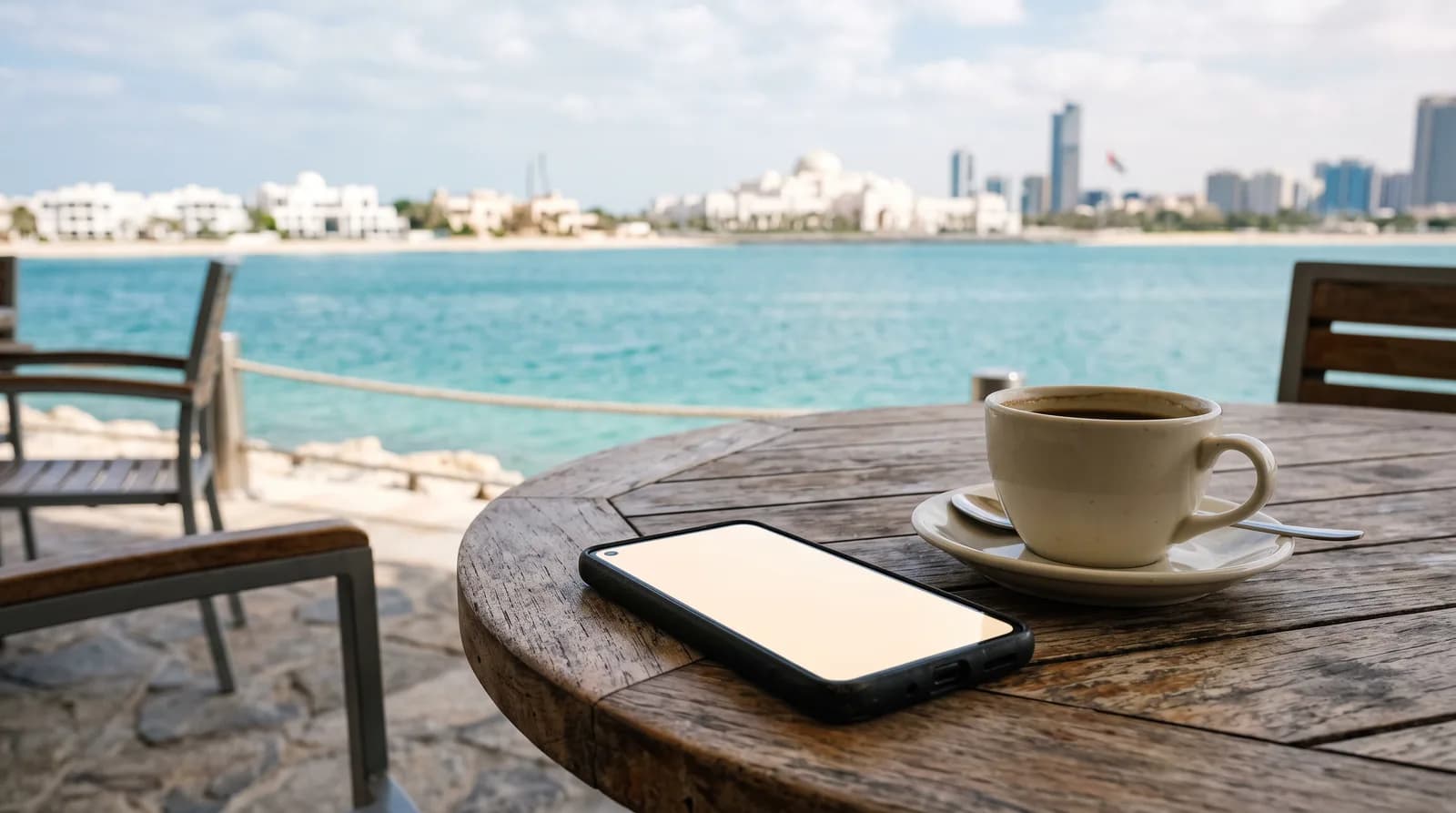 Ein Smartphone und eine Tasse Kaffee auf einem Cafétisch, dahinter der Golf und die Skyline von Abu Dhabi