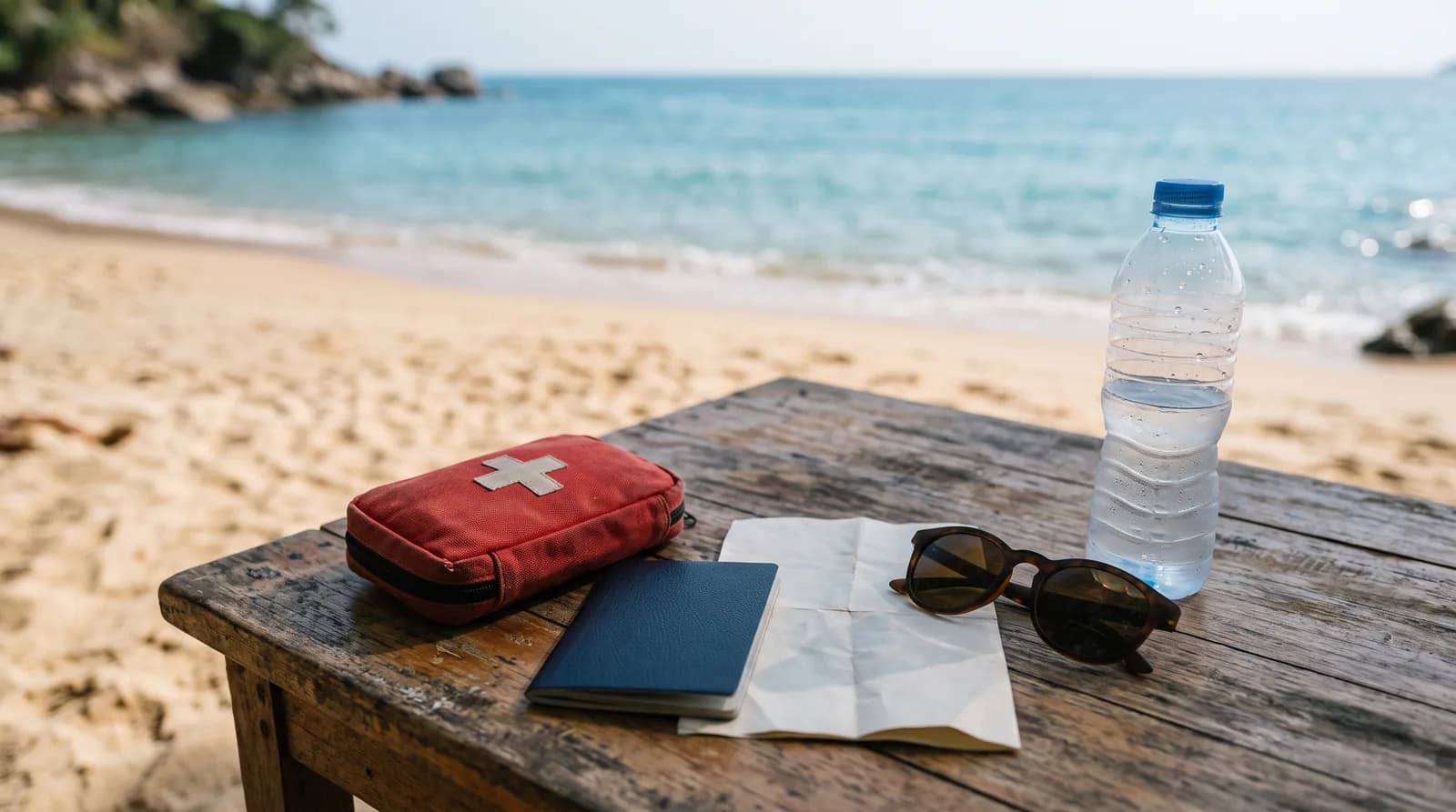 Una cassetta del pronto soccorso, un passaporto, occhiali da sole e una bottiglia d’acqua su un tavolo in riva alla spiaggia