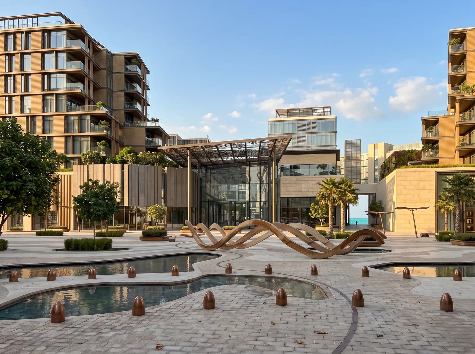Plaza con palmeras y fuentes, Saadiyat Grove (ilustración)