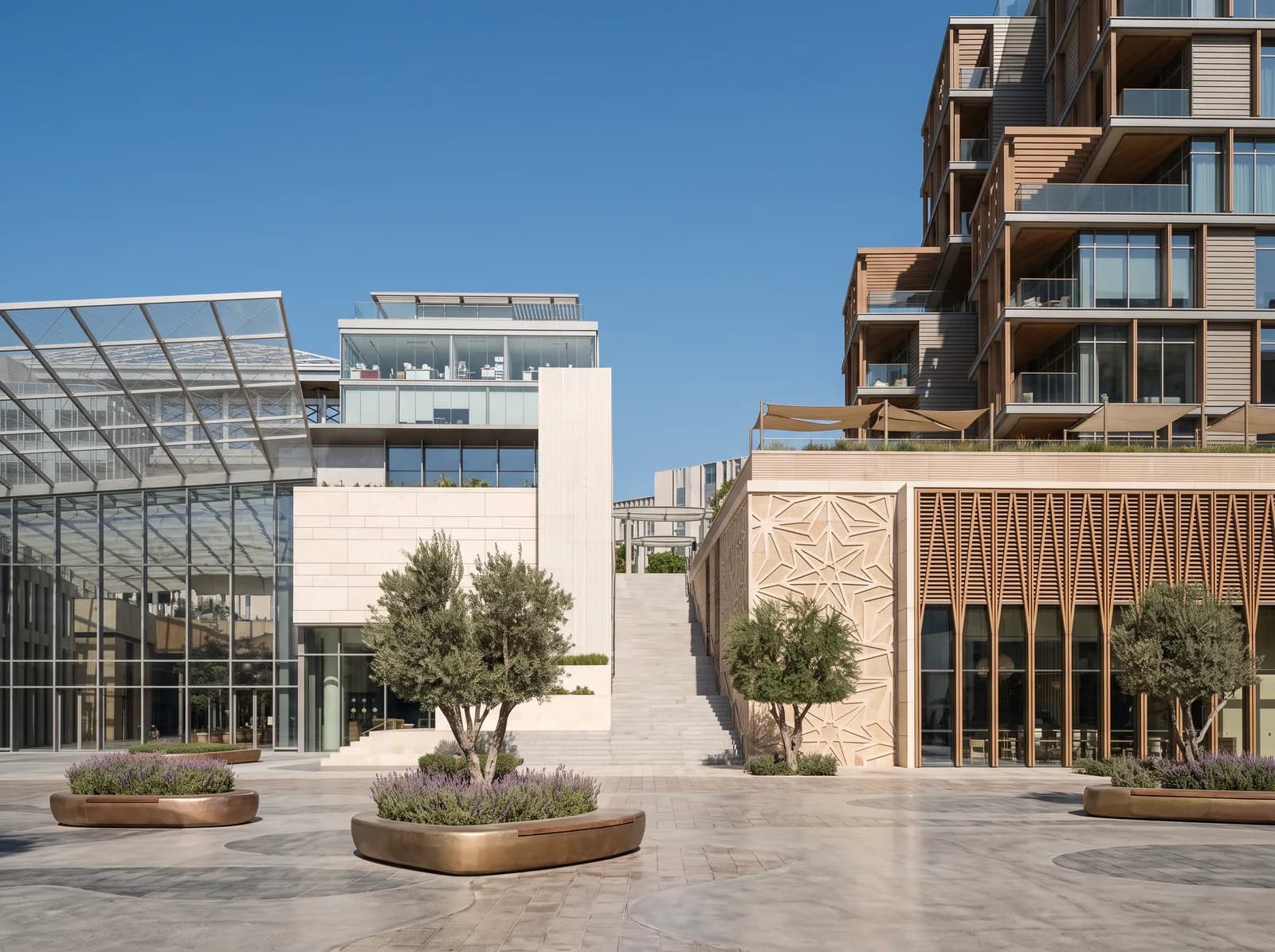 Platz mit Cafés und Restaurants, Saadiyat Grove (Illustration)
