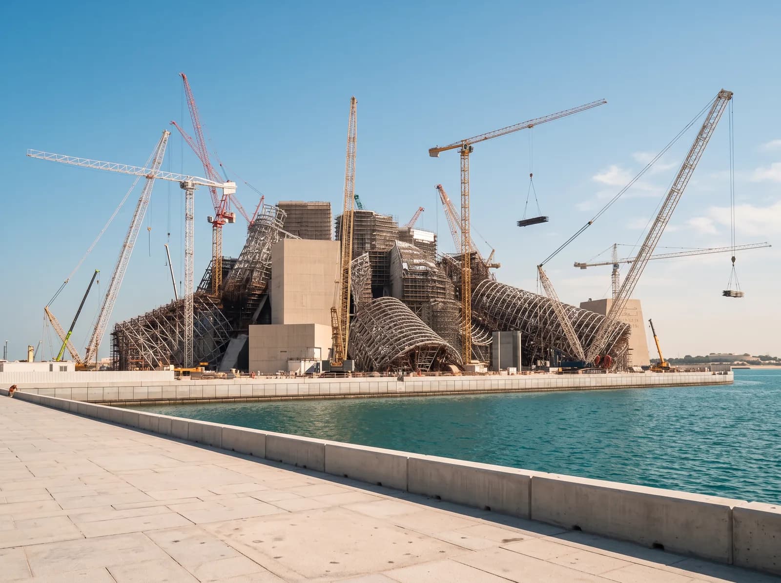 El Guggenheim Abu Dhabi en construcción, con grúas