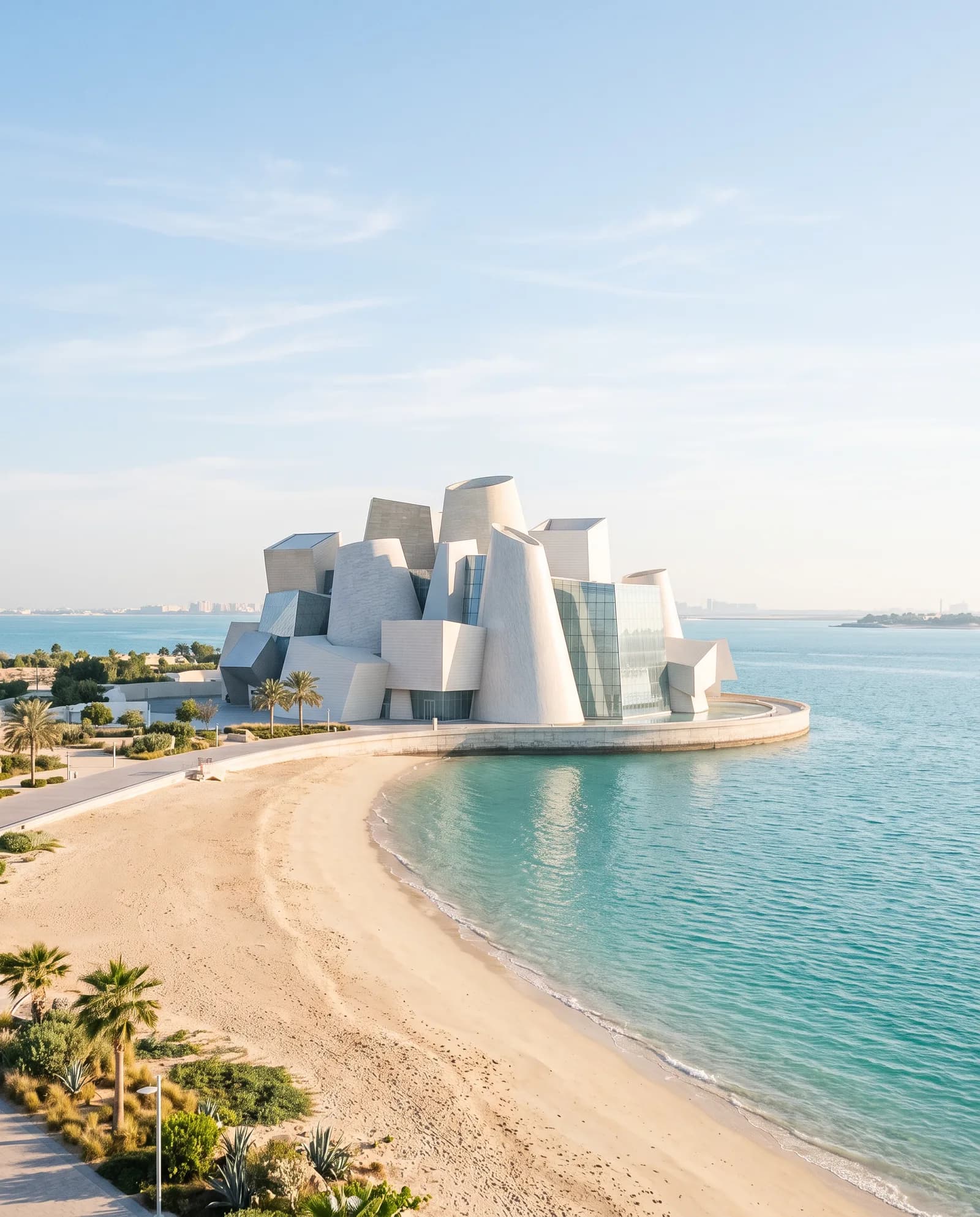 Illustration: das Guggenheim Abu Dhabi am Meer