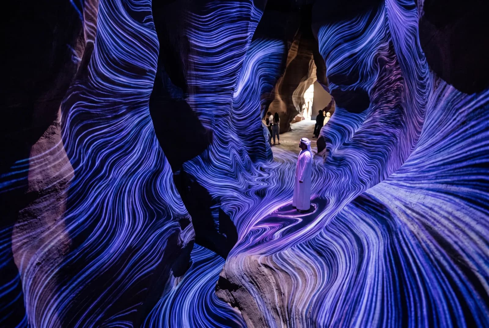 Room filled with flowing lines of light