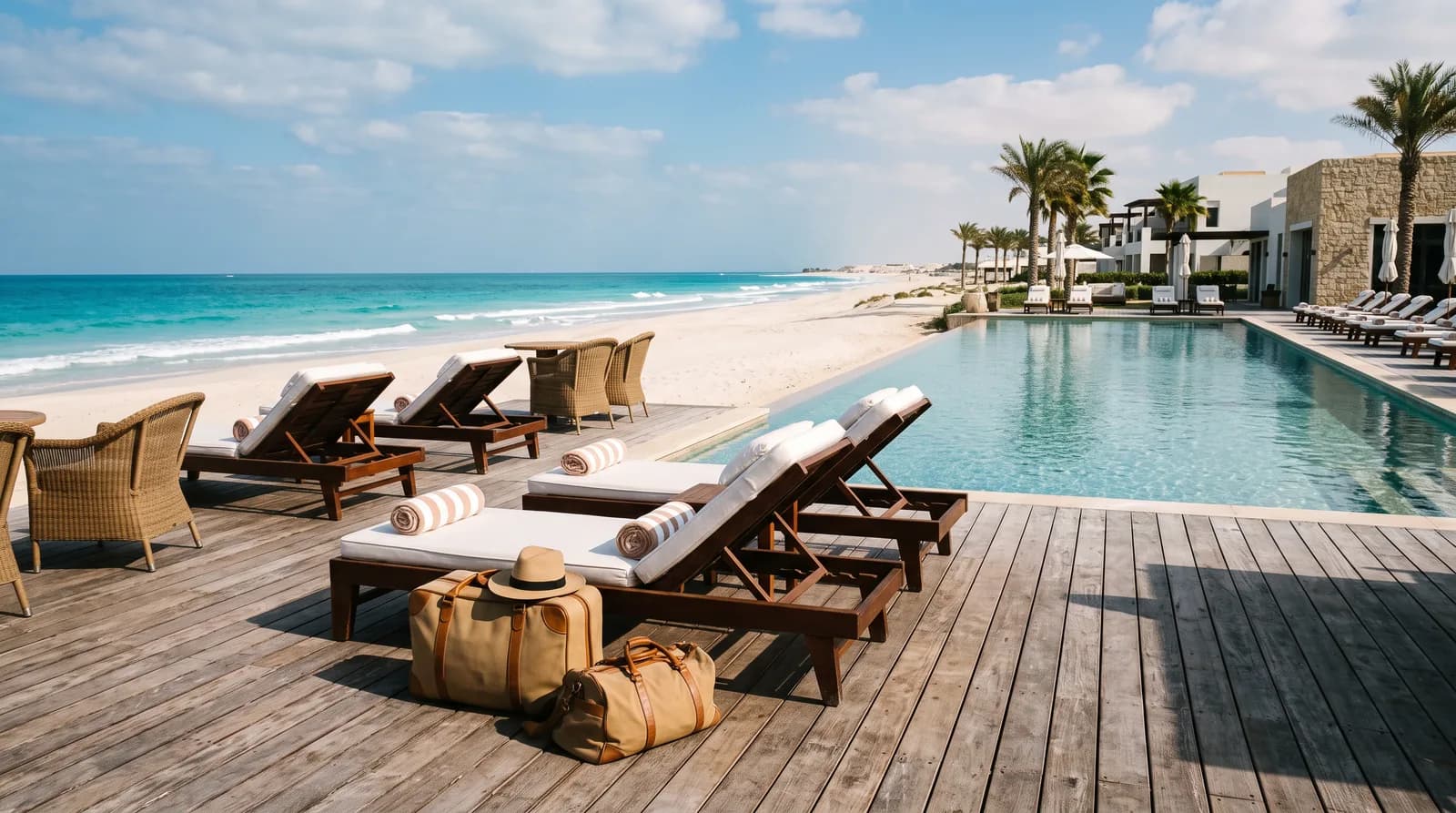 Liegen und Reisetaschen an einem Hotelpool am Strand von Saadiyat