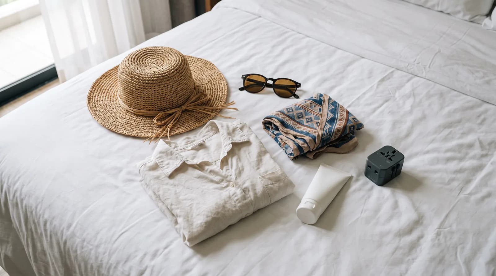 Reiseutensilien auf einem Hotelbett: Sonnenhut, Sonnenbrille, Leinenhemd, Schal, Sonnencreme und ein Steckdosenadapter