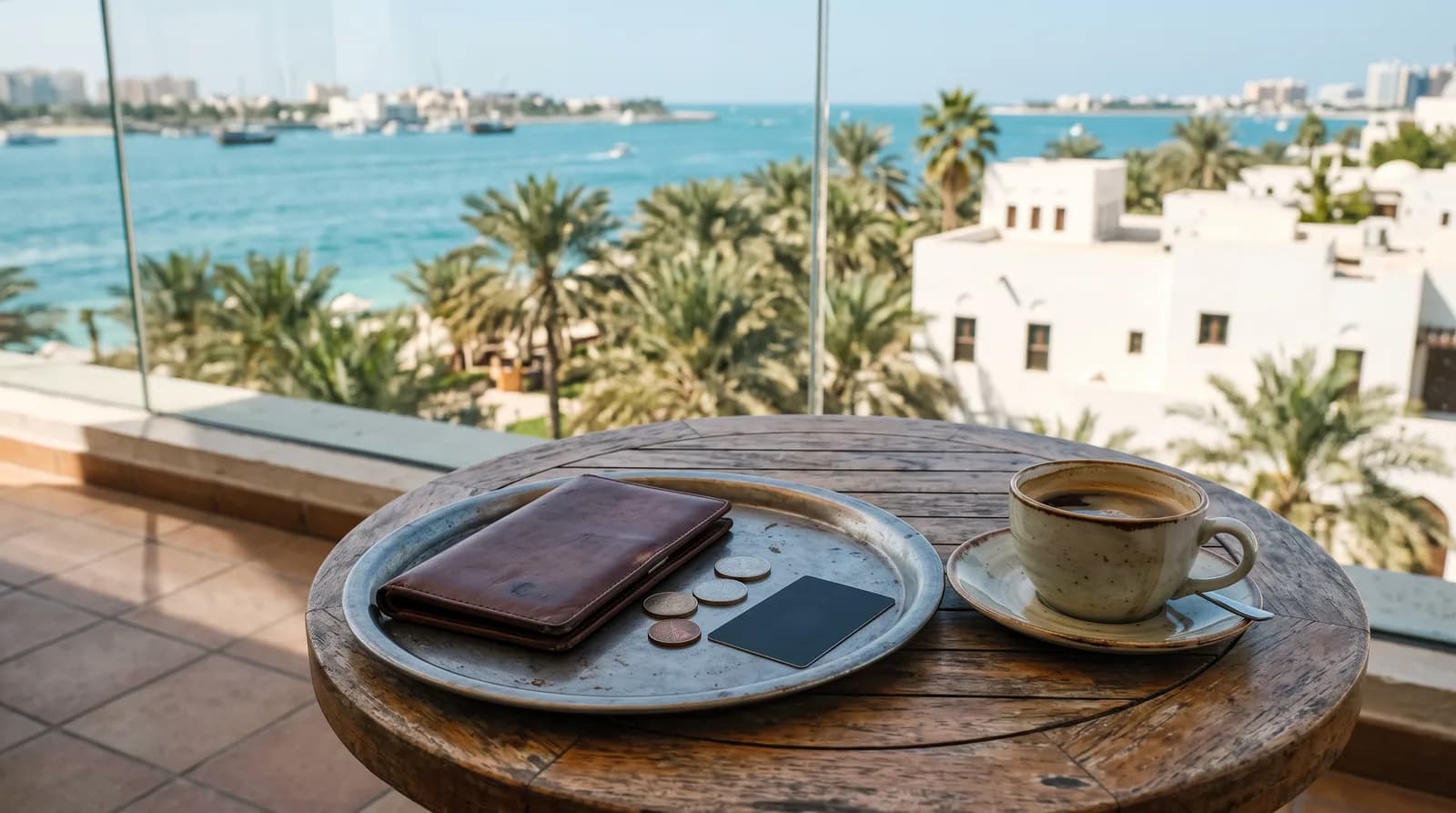 Ein Cafétisch auf einer Terrasse am Meer mit Rechnungsmappe, Münzen, Bankkarte und Kaffee