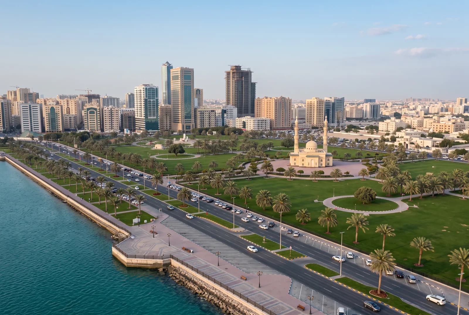 Vista aérea de la Corniche de Abu Dhabi con una franja de playa, parques y torres al fondo