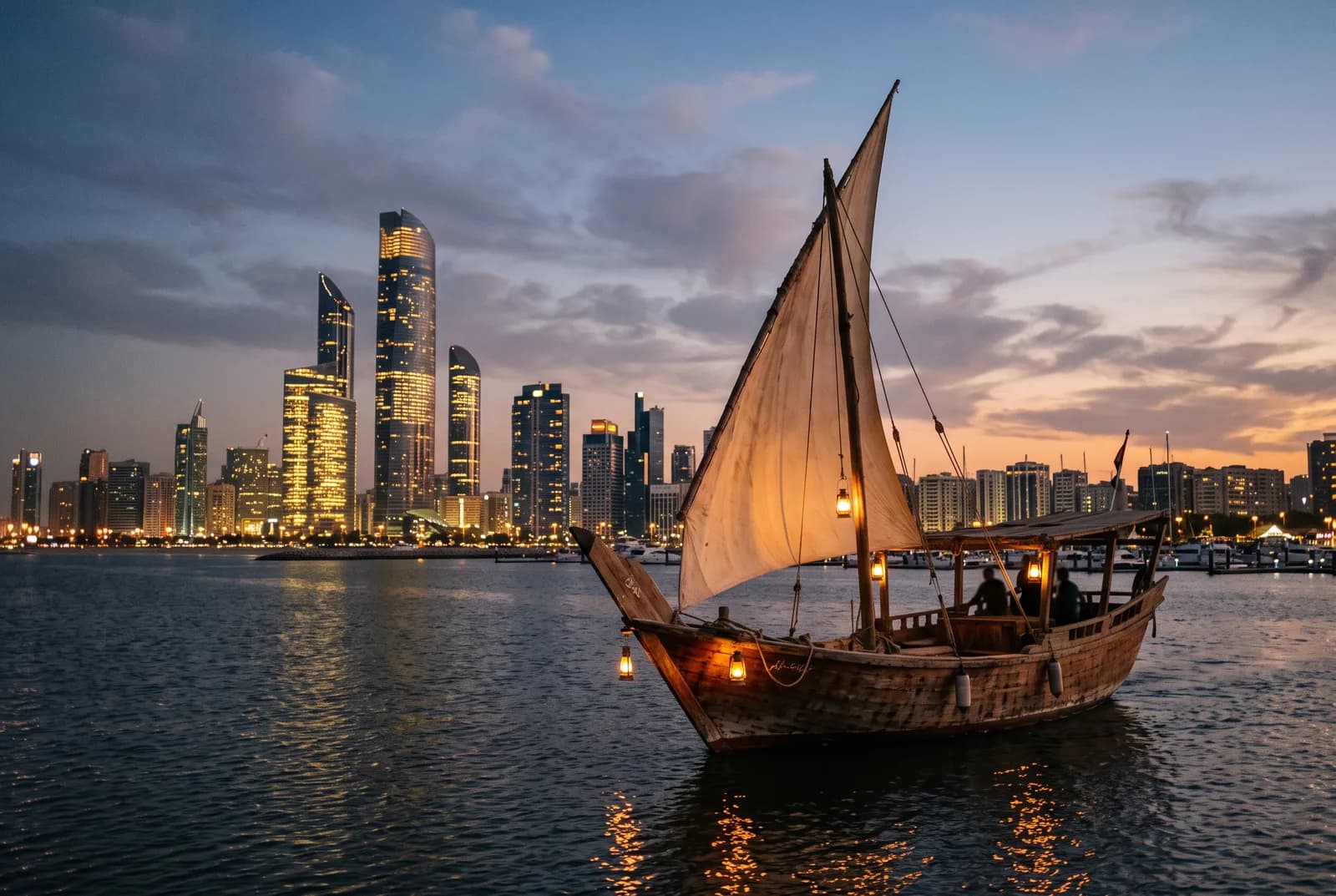 Dhow tradicional con farolillos encendidos y el perfil de la ciudad al fondo, al atardecer