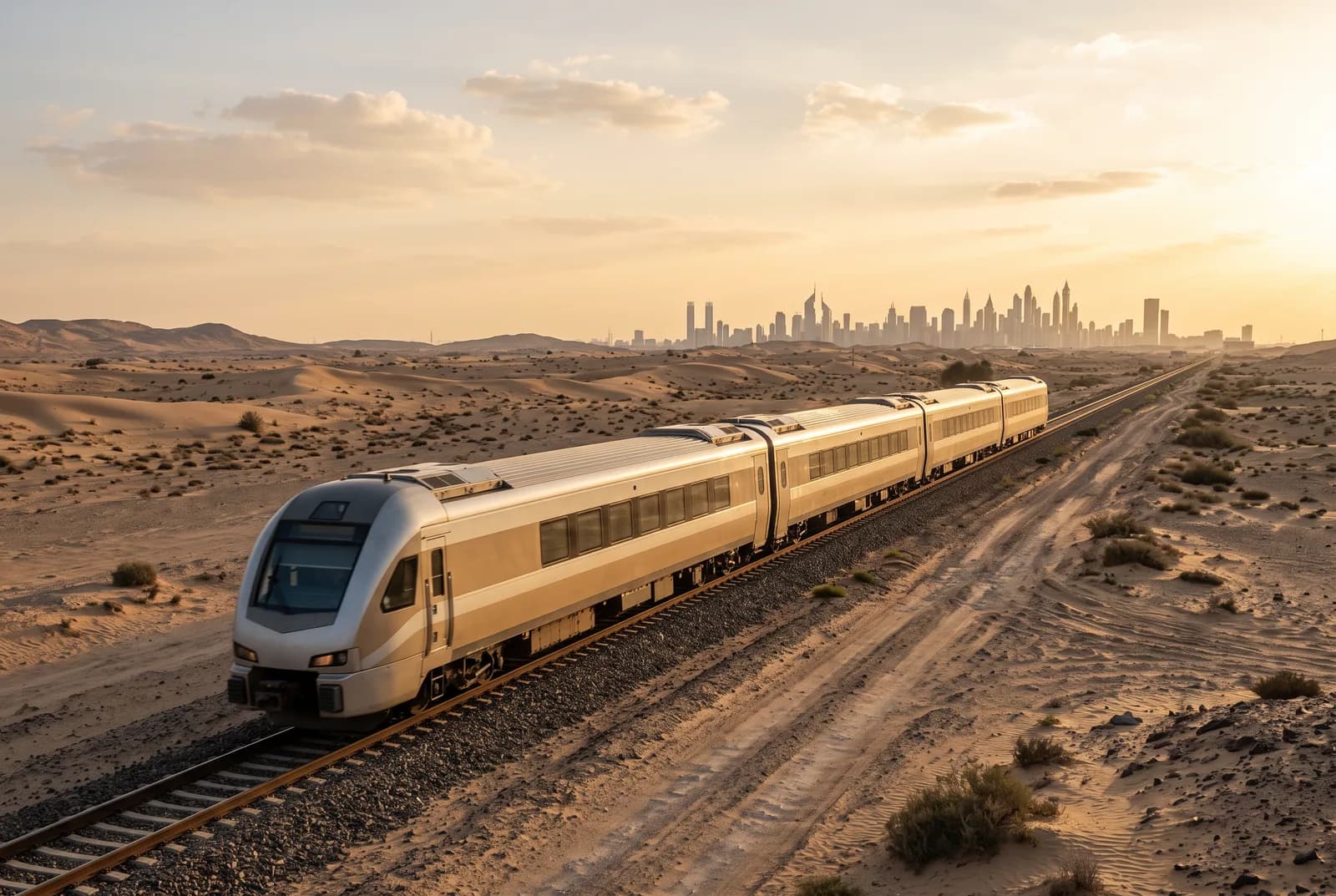 Tren de pasajeros plateado en una vía única entre dunas del desierto al atardecer