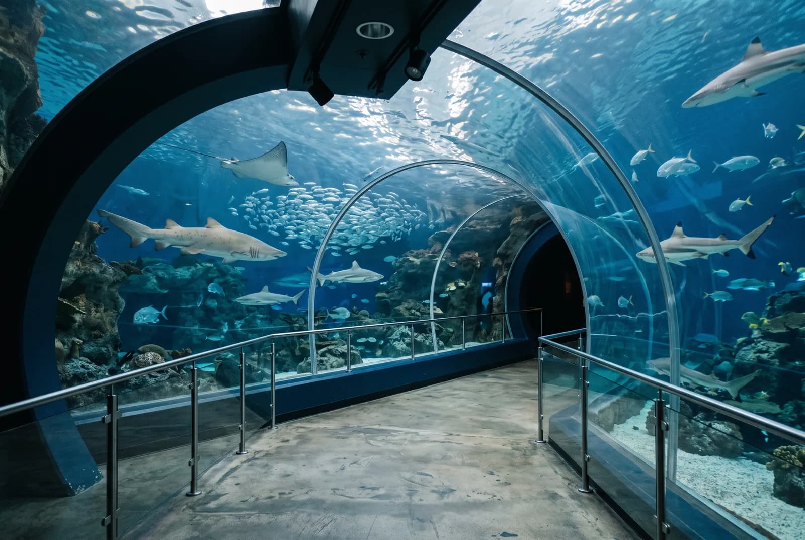 Visitor tunnel inside a big aquarium with sharks swimming overhead