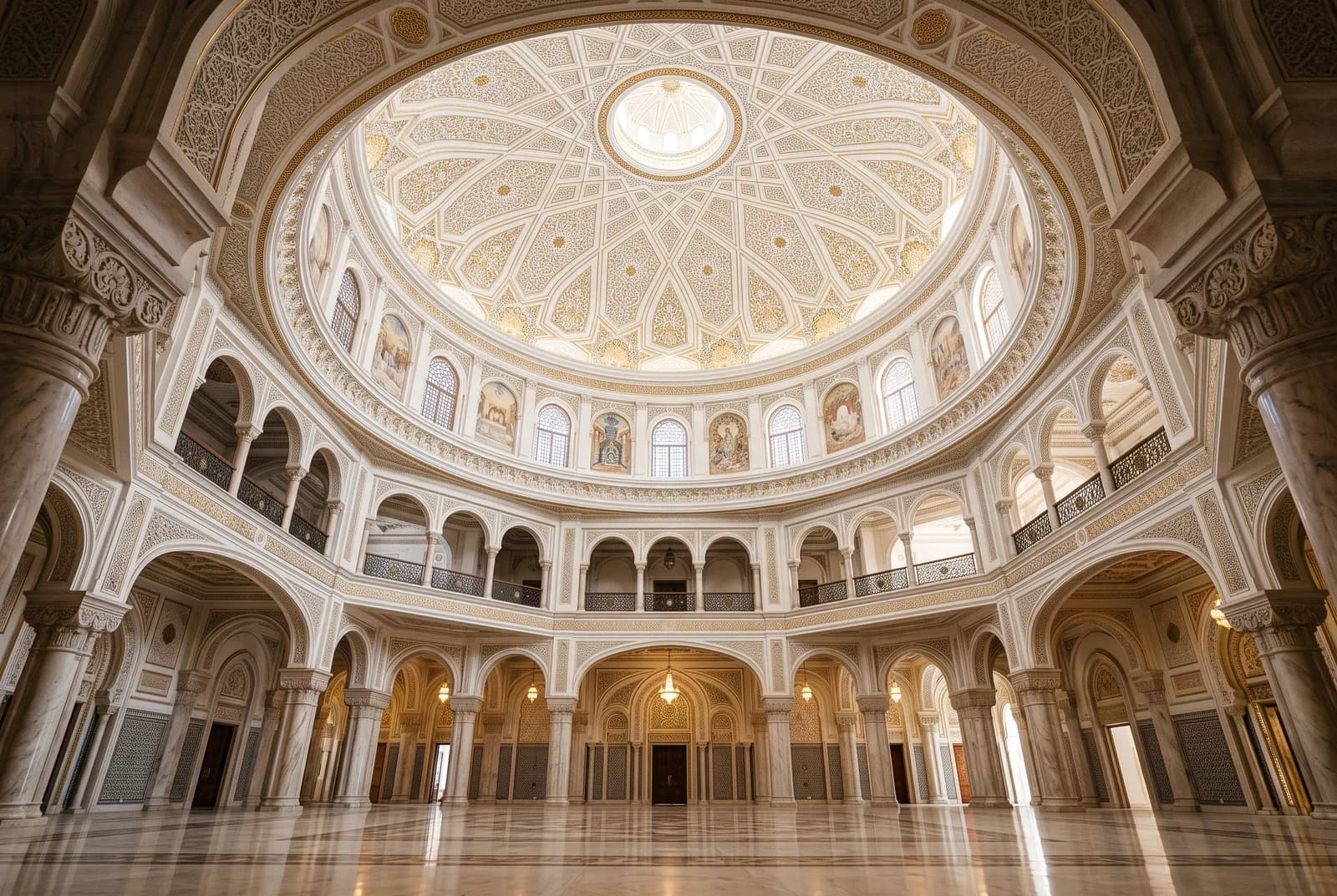 Salle à coupole au plafond blanc et or orné de motifs, avec des colonnes de marbre