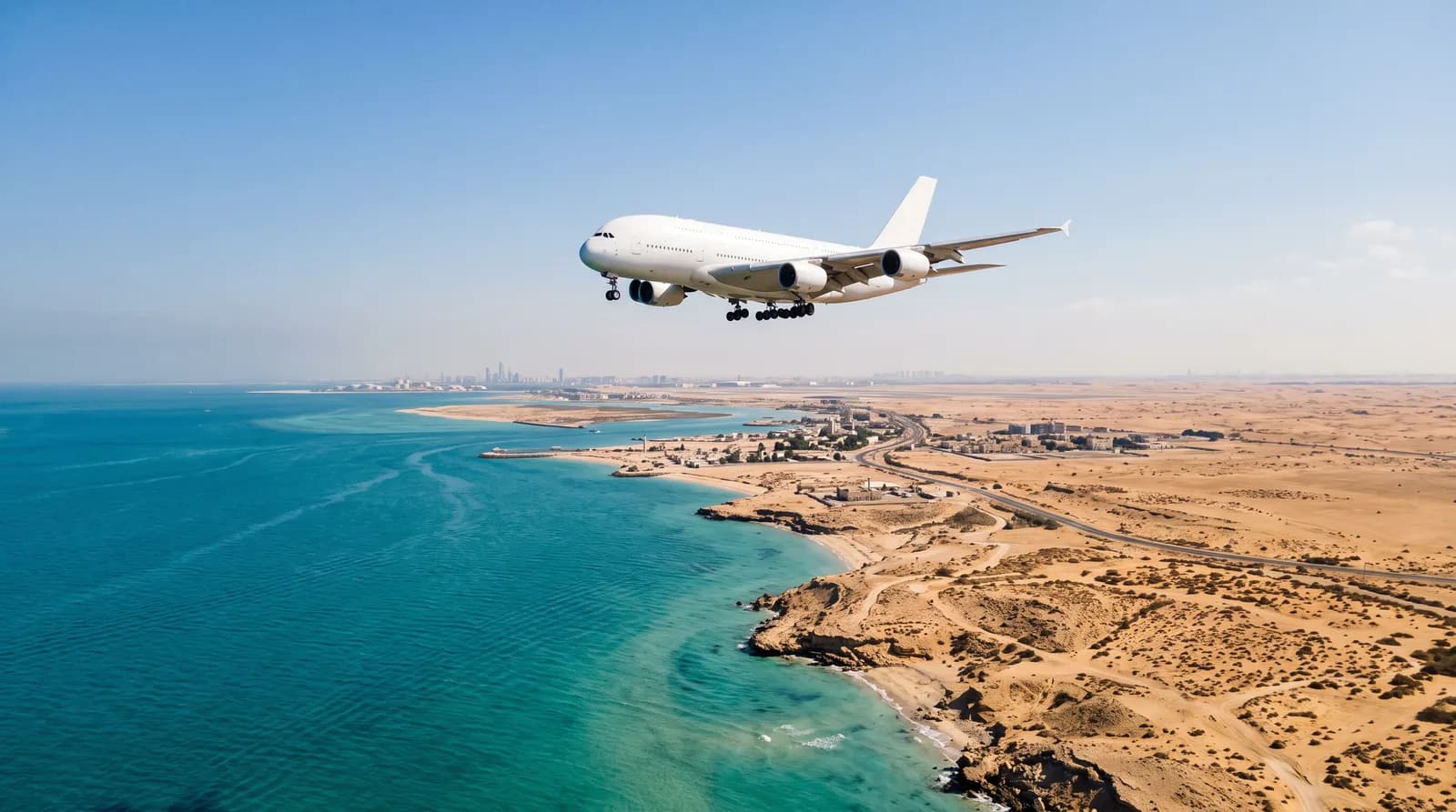 Ein Flugzeug im Landeanflug am Abendhimmel über Abu Dhabi
