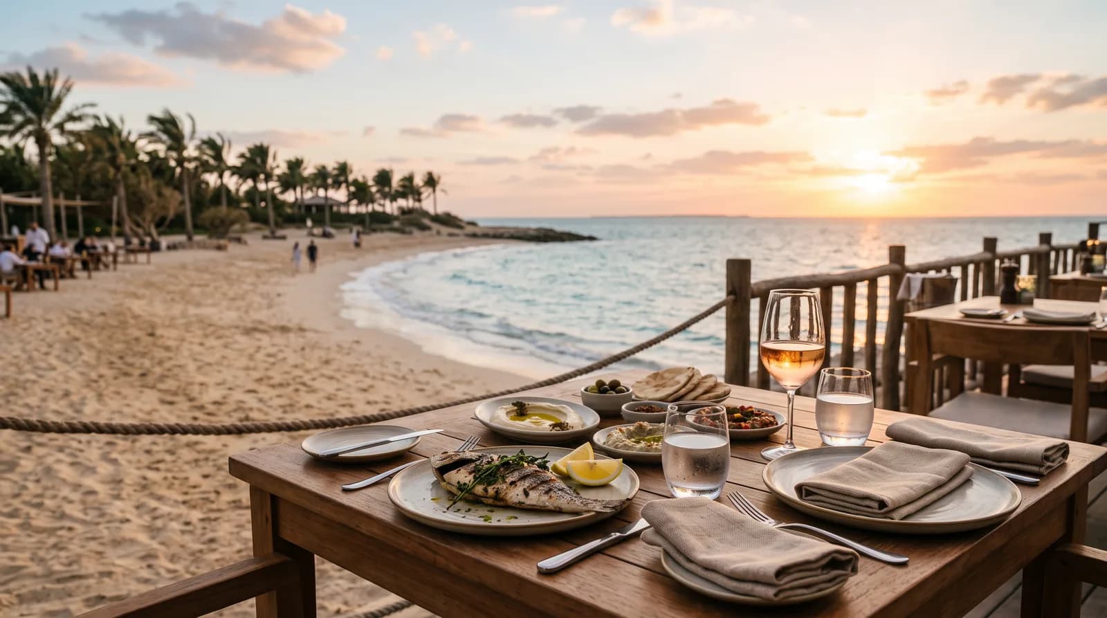 Ein für das Abendessen gedeckter Tisch auf einer Strandterrasse auf Saadiyat Island bei Sonnenuntergang