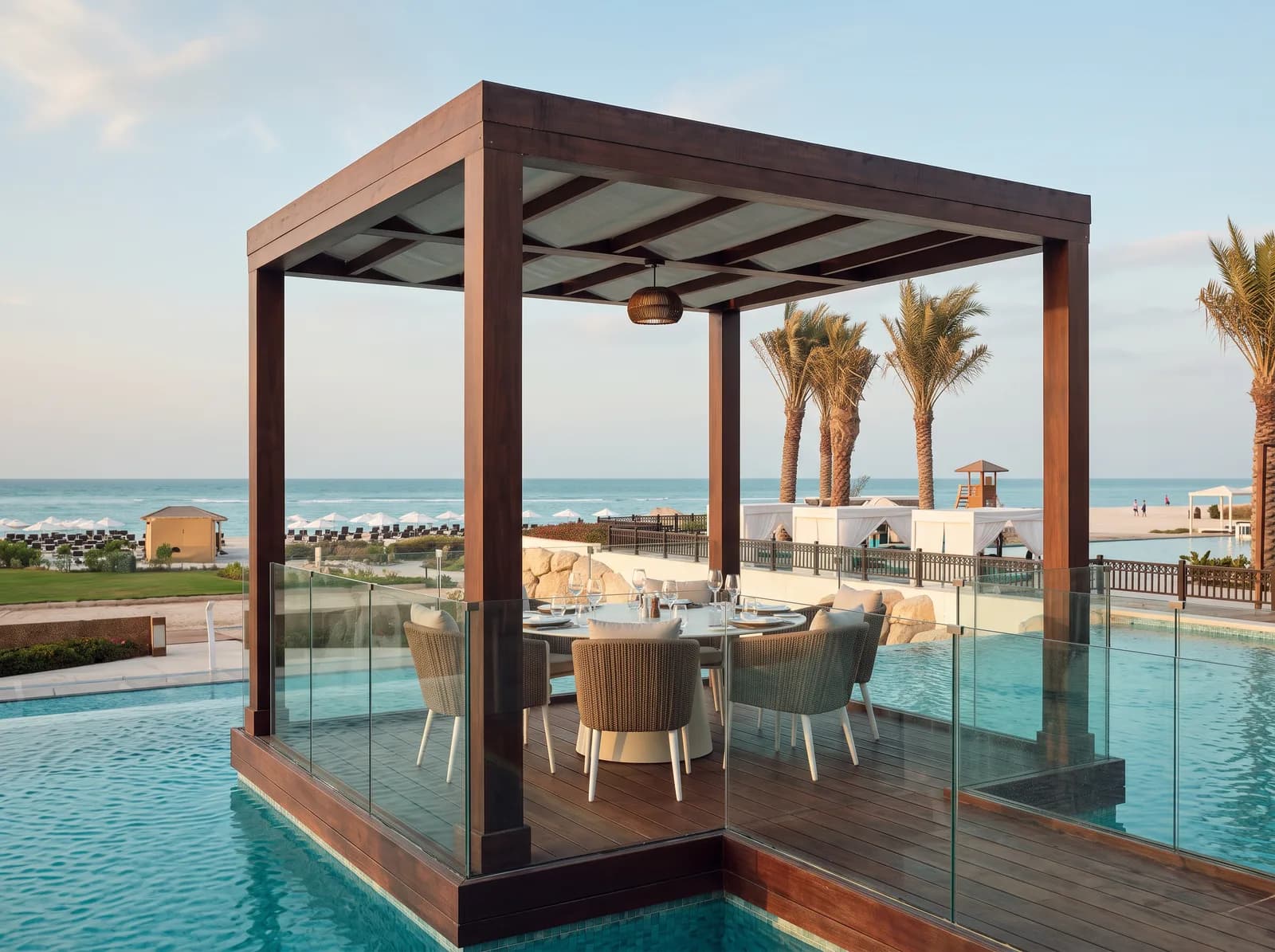 Pergola for dining above the pool and beach, Saadiyat Beach Club