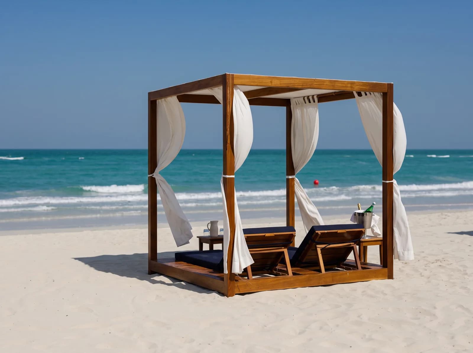 Pergola mit weißen Vorhängen über Liegen am Sand
