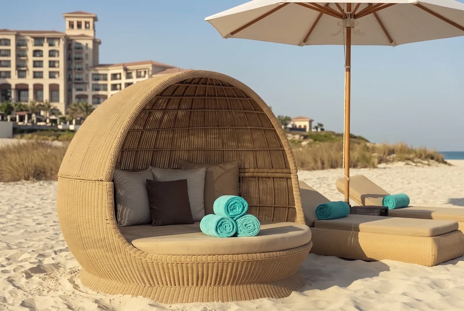 Transats sur la plage du resort, St. Regis Saadiyat Island