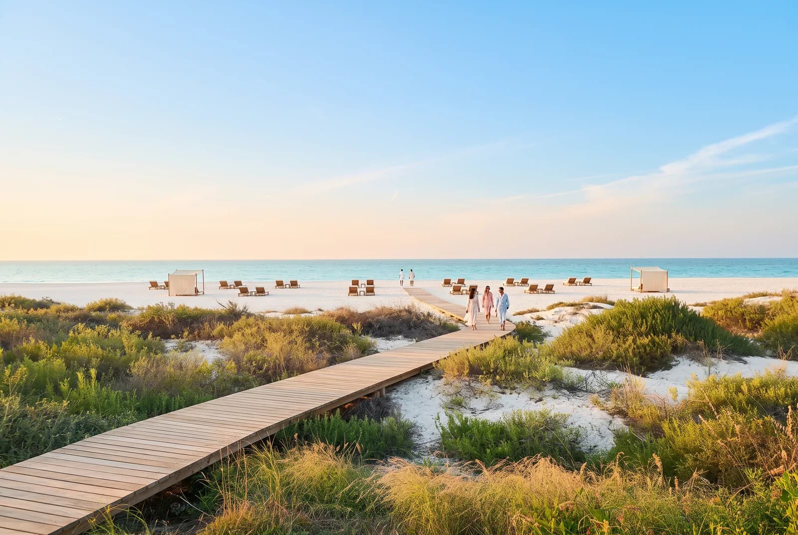 Ein Holzsteg führt durch die Dünen zum Strand von Saadiyat